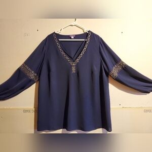 Truly Poppy 3XL Navy Blue Gold Embroidered Trim Plus Size Blouse
